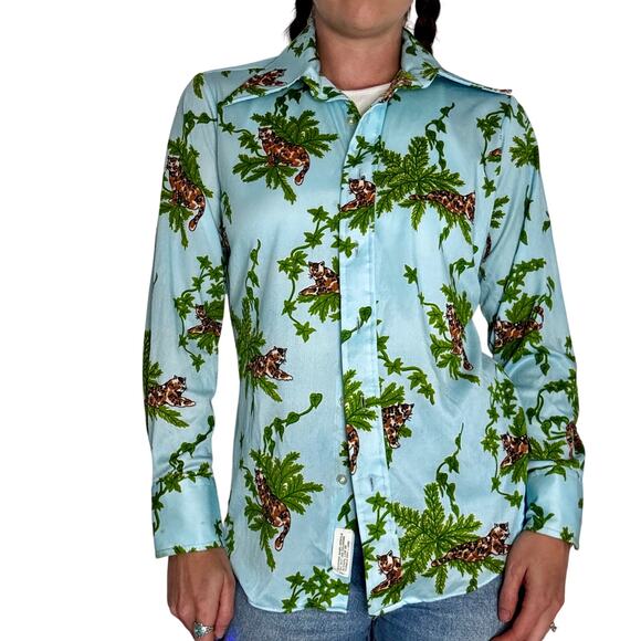 Vintage 1970s Cheetah Jungle Leopard Print Button Up Blouse Long Sleeve AS IS - Picture 1 of 12